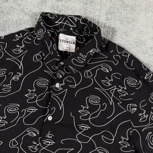 YOUNGLA Black‎ White Abstract Print All Over Viscose Button Up Shirt Men's Large